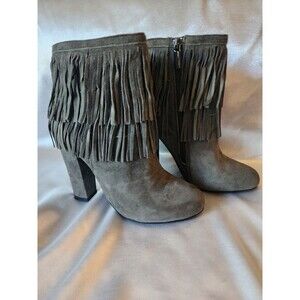 DW Hardy Women Suede Leather Fringe Ankle Heel Boots Grey Western Cowgirl 6.5M